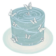 illustration of a blue cake with butterfly decoration