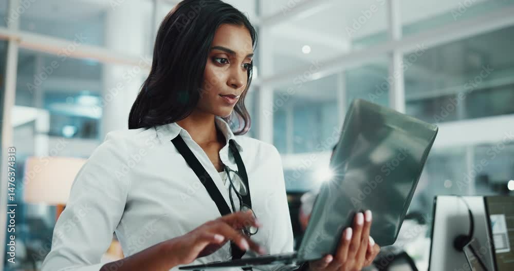 Aufkleber Woman, developer and typing on laptop in office for research, programming and software update. Person, online and review for web development, problem solving and information on troubleshooting server