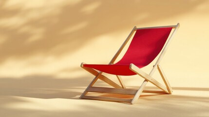 Red Beach Chair in Sunlight, Studio Shot, Summer Vacation Concept, Relaxation and Leisure, Minimalist Style, Sunny Background