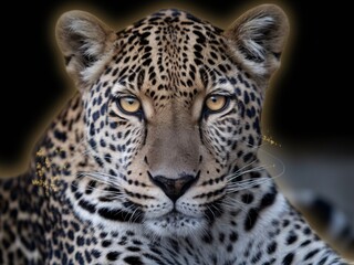Fototapeta premium Close-up of a majestic leopard with striking golden eyes and intricate spots, demonstrating its fierce beauty.
