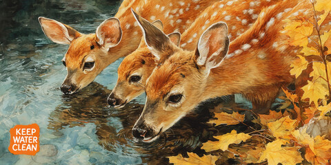 Deer fawns drinking water in autumn forest with environmental message