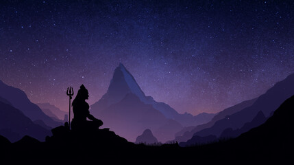 mahashivratri wallpaper, silhouette of Lord Shiva sitting in meditation on mount Kailash with crescent moon on his head and Trishula standing beside him