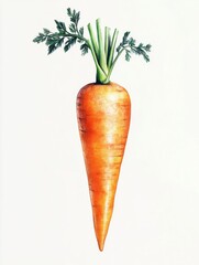 Single carrot vegetable illustration on white background studio shot of fresh orange root with green top
