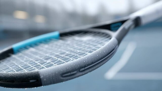 Close-up of tennis racket showcasing intricate string pattern and sleek design