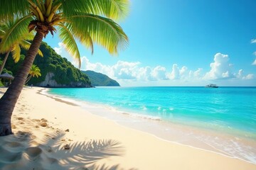 Sunny beach scene with clear blue water and golden sand Perfect for summer vacation themes , escape, blue, sun