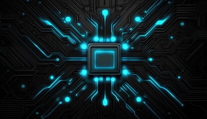 High-tech circuit board with central processor, illuminated by vibrant blue light.  Detailed intricate pathways and components