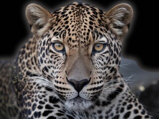 Fototapeta premium Close-up of a striking leopard with intense eyes, showcasing its distinctive spotted fur against a dark background.