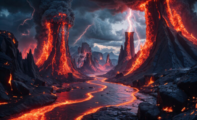 Dark fantasy loop landscape of lava rivers and jagged rocks glowing in a fiery infernal volcanic realm