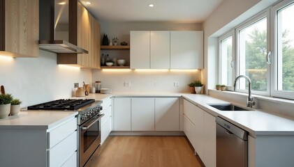 Fototapeta premium Modern kitchen renovation showcasing sleek cabinetry and stainless steel appliances Gleaming countertops and updated lighting , project, house