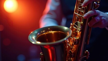 Obraz premium Close-up of a saxophone, gleaming under stage lights, ready to play , texture, abstract, spotlight