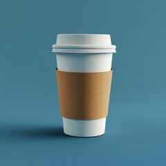 Isolated white coffee cup with lid and cardboard sleeve on blue background studio shot minimalist style