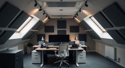 Bright Modern Office in Attic Space with Desks and Skylights