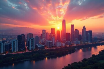 Modern cityscape skyline at sunset, reflecting success and growth , attractive, economy, innovation