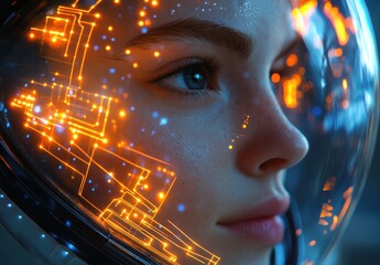 Futuristic Woman in Helmet with Glowing Circuitry, Profile View