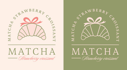 Matcha strawberry croissant fruit green tea flavor organic Japanese French pastry lovers cute illustration. Kawaii fancy girly coquette retro aesthetic pastries bow poster print girl shirt design.