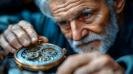 A close-up shot of an elderly watchmaker meticulously repairing a complex timepiece, showcasing his expertise and the intricate details of the watch mechanism