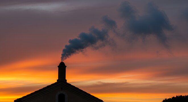 Chimney with smoke silhouetted against a colorful sunset sky
