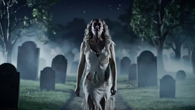 A ghostly woman moaning in pain, slowly floating through a misty graveyard, wide-angle tracking shot, midnight, eerie moonlight, gothic horror style