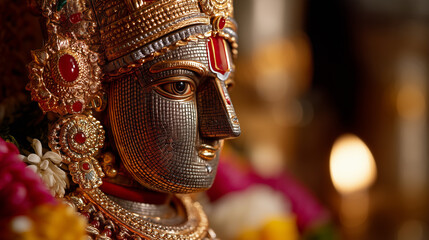 tirupati balaji, close-up of Venkateswara statue's face adorned with golden crown, red tilaka and jewel ornaments clearly visible