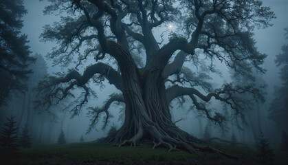 Ancient tree with twisted limbs in a foggy forest, glowing under soft moonlight in eerie calm.