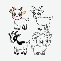 Cute Cartoon Goat Coloring Page Set.