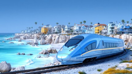 High-speed train journey along coastal cliffs scenic ocean view digital art