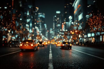 Obraz premium Nighttime Cityscape with Cars and Bright Urban Lights in a Busy Downtown Environment