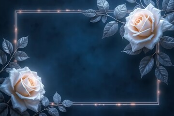 A rich navy blue invitation background with glowing white roses and subtle silver leaves, enhanced by a glowing silver border. 