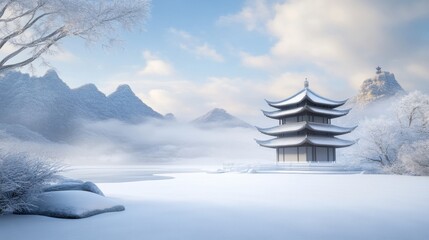 Serene Winter Landscape with Pagoda and Snowy Mountains