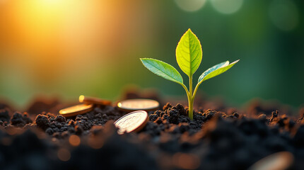 Macro shot of a young sprout breaking through fertile soil strewn with coins, against a soft warm light.