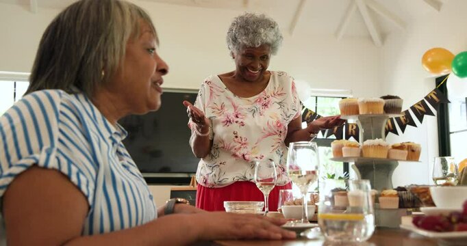 Group of happy senior multiracial, white and black male and female friends making a toast at retirem