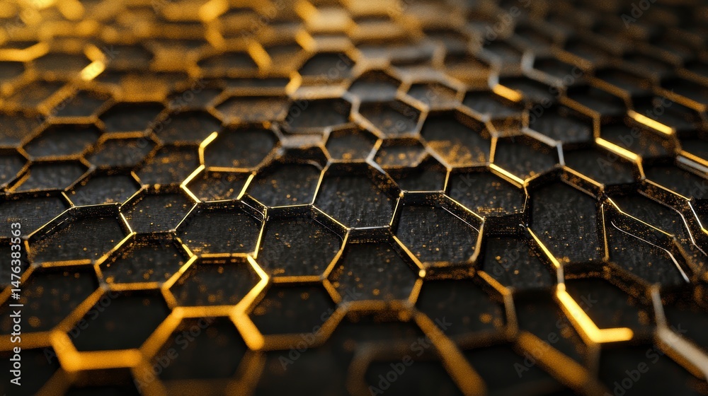 Poster abstract gold hexagon pattern on dark background.