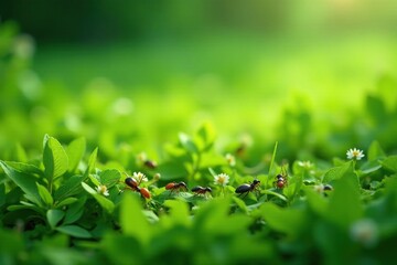 Close-up of a lush green field with various insects and small animals feeding, showcasing a vibrant ecosystem , butterflies, rural, sunlight