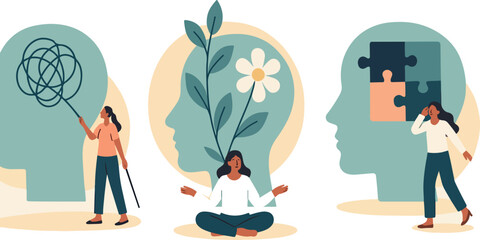 Mental health illustration set. Woman character solve mental problems, learn self accepting and how 2 find herself. Psychotherapy concept. Vector illustration
