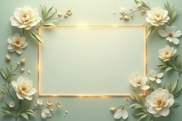 A muted sage green invitation  background with ivory florals and golden leaf accents, featuring a glowing gold-lined text box in the center.. 