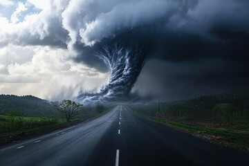 Massive tornado forms over a road,  dark ominous clouds.  Heavy rain and strong winds.  Destructive storm
