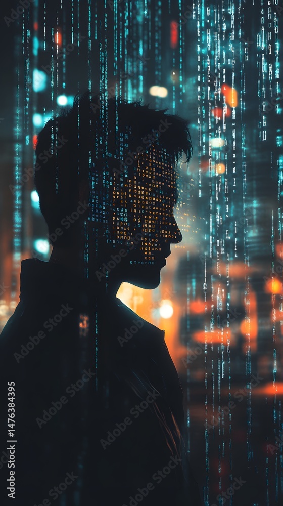 Poster a silhouette of a person against a backdrop of a bustling city. the image is overlaid with binary co