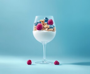 A glass dessert with yogurt, granola, raspberries, and blueberries