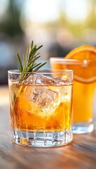 Refreshing Ice-Cold Cocktails with Citrus and Rosemary Garnish on Blurred Sunny Background.