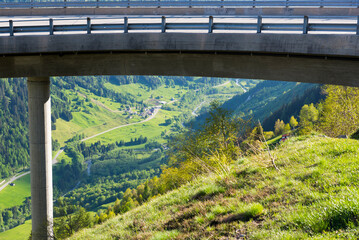 Mountain Road Bridge and Valley in a Sunny Summer Day in san Gottardo, Ticino, Switzerland.
