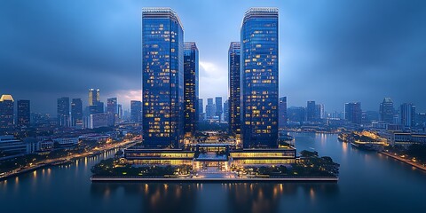 Naklejka premium Luxury waterfront skyscrapers night lights high resolution picture