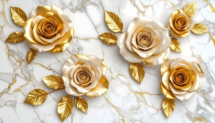 Realistic golden roses with soft petals on marble surface, 3D embossed floral art