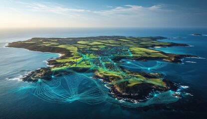 Aerial view of an island, overlaid with a network of interconnected lines. Lush green landscapes meet the ocean, with urban areas visible.  A futuristic, digital connectivity system is visualized