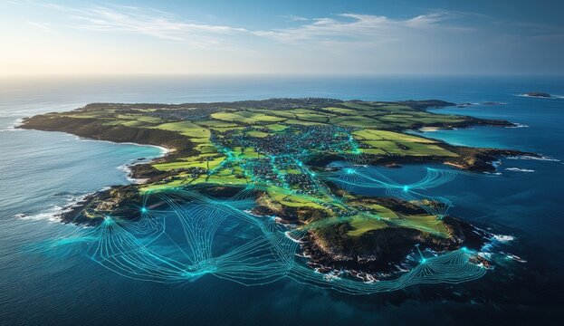 Aerial view of an island, overlaid with a network of interconnected lines. Lush green landscapes meet the ocean, with urban areas visible.  A futuristic, digital connectivity system is visualized - Powered by Adobe