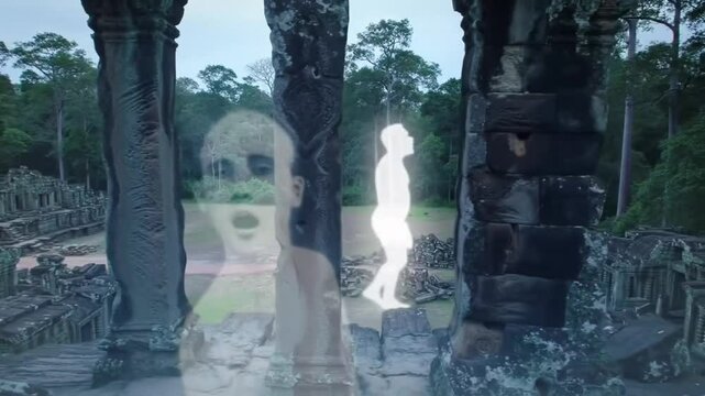 A spirit moaning and drifting between ancient temple pillars, phasing through stone, overhead camera orbit, dusk, mystical soft light, oriental ghost story style