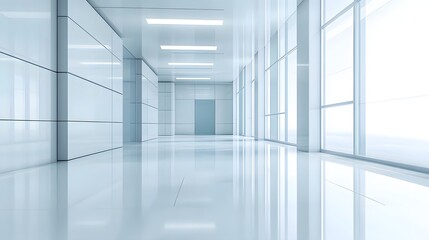 Modern, minimalist hallway with large windows.