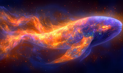 Obraz premium A cosmic whale, rendered in vibrant hues of orange, blue, and purple, swims through a star-dusted nebula. Its form is ethereal, composed of shimmering particles