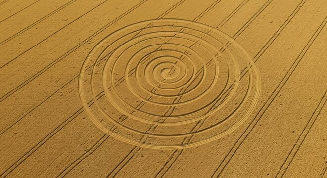 Crop circle spiral pattern in golden field aerial view - Powered by Adobe