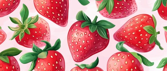 Fresh Strawberries Pattern Watercolor Style Design Close Up View Delicious Red Berries with Green Leaves for Food Backgrounds