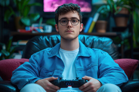 Gaming enthusiast engaged in play home office photograph indoor setting close-up focused mindset